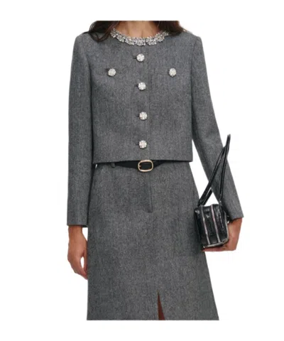 Self-portrait Grey Herringbone Crystal Trim Jacket In Metallic