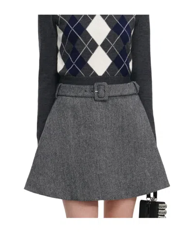 Self-portrait Grey Herringbone Flared Mini Skirt In Gray