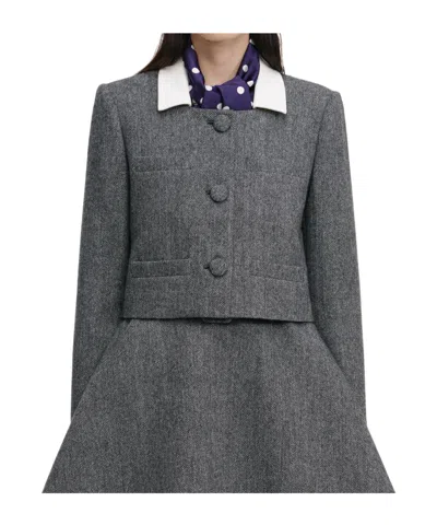 Self-portrait Grey Herringbone Scarf Detail Jacket In Gray