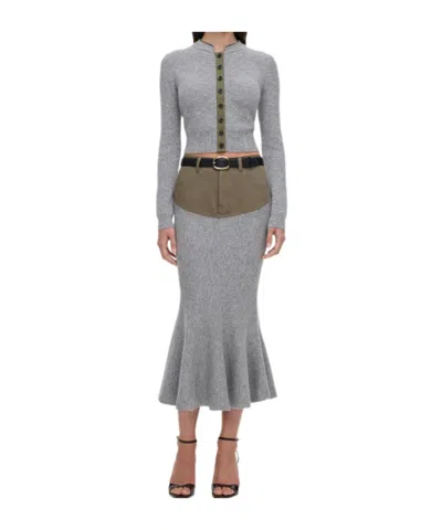 Self-portrait Grey Knit Khaki Denim Insert Midi Skirt In Multi
