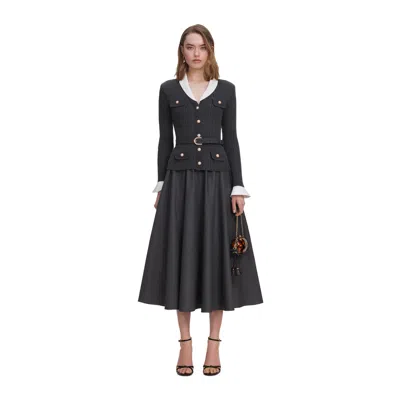 Self-portrait Grey Knit Twill Midi Dress In Black