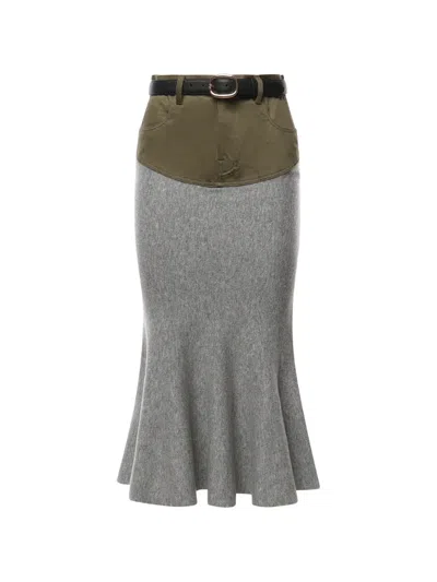 Self-portrait Grey Knit Khaki Denim Insert Midi Skirt In Multi