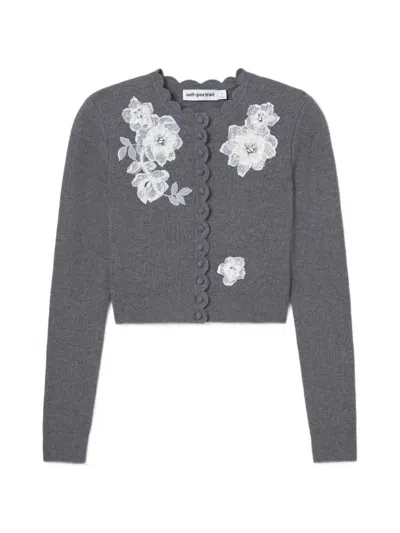 Self-portrait Grey Lace-flower Knit Cardigan In Gray