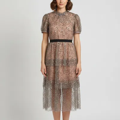 Pre-owned Self-portrait Grey Leaf Sequin Tulle Tiered Midi Dress M In Gray