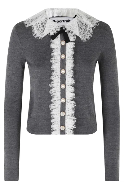 Self-portrait Grey Merino Wool Lace Collar Jeweled Cardigan In Gray