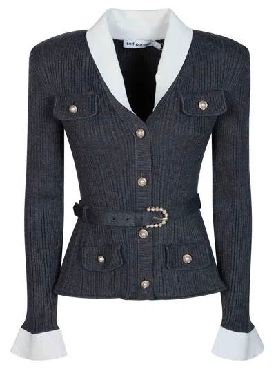 Self-portrait Grey Peplum Ribbed Knit Cardigan In Gray