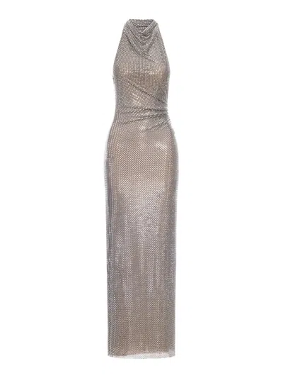 Self-portrait Grey Rhinestone Drape Maxi Dress In Gray