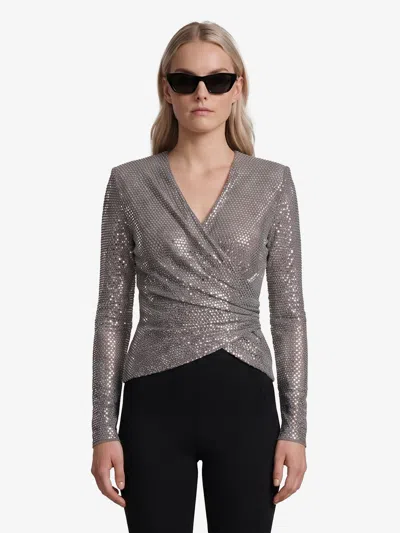 Self-portrait Grey Rhinestone Mesh Wrap Top