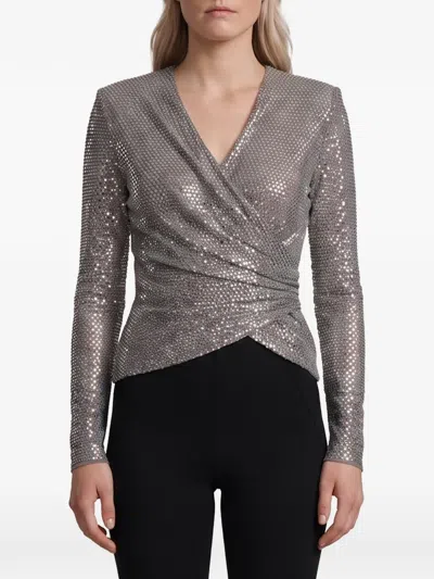 Self-portrait Self Portrait Grey Rhinestone Mesh Wrap Top In Gray