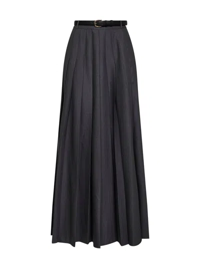 Self-portrait Grey Wool Blend Belted Pleated Maxi Skirt In Black