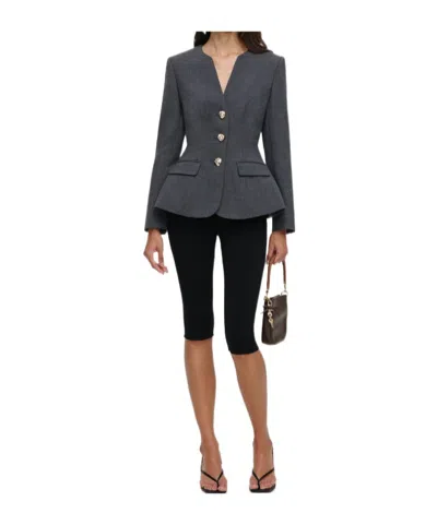 Self-portrait Grey Wool Collarless Jacket In Blue