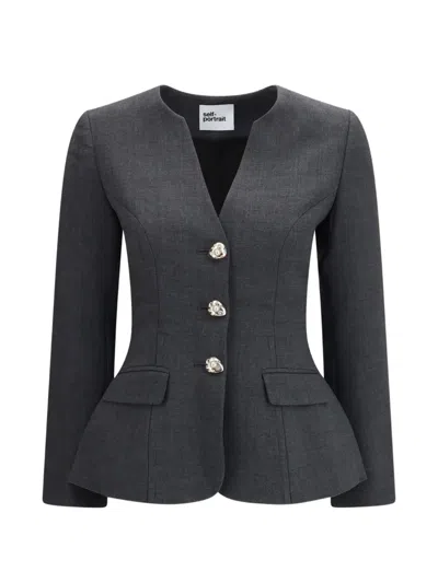 Self-portrait Grey Wool Collarless Jacket In Gray