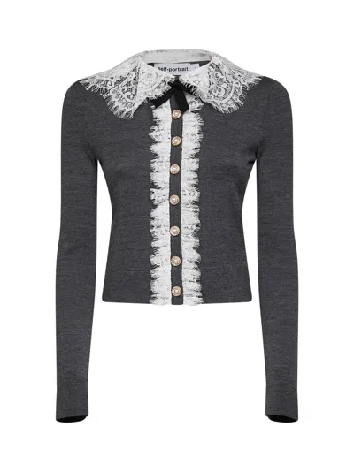 Self-portrait Grey Wool Knit Cardigan With Lace Collar In Black