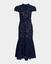Self-portrait Guipure Blue Long Dress With Lace Design And Adjustable Waist Belt In Fabric Woman In Blue