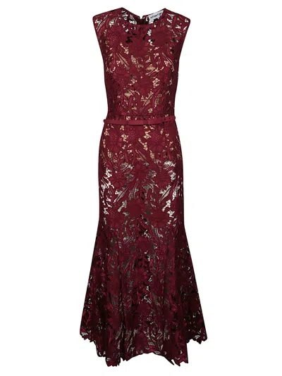 Self-portrait Burgundy Guipure Lace Midi Dress With Removable Belt In Red