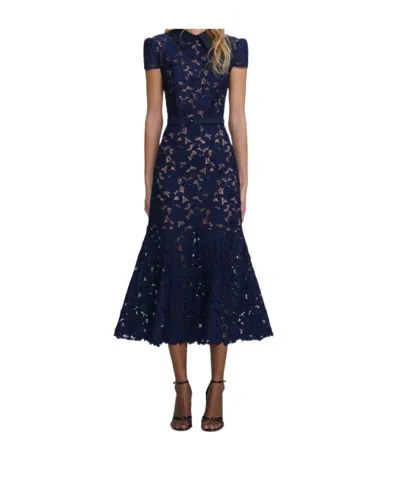 Self-portrait Guipure Blue Long Dress With Lace Design And Adjustable Waist Belt In Fabric Woman
