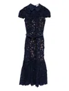 Self-portrait Guipure Blue Long Dress With Lace Design And Adjustable Waist Belt In Fabric Woman In Blue