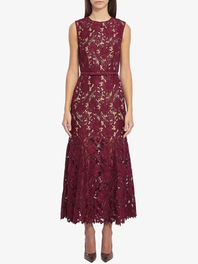 Self-portrait Fitted Guipure Lace Midi Dress With Removable Belt In Red