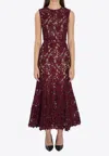Self-portrait Fitted Guipure Lace Midi Dress With Removable Belt In Burgundy