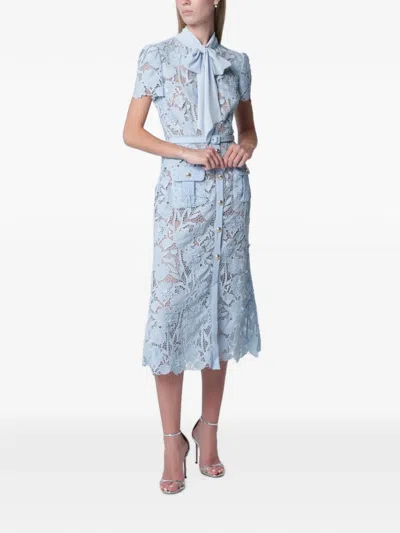 Self-portrait Lace Overlay Midi Dress With Floral Patterns And Bow Tie In Blue