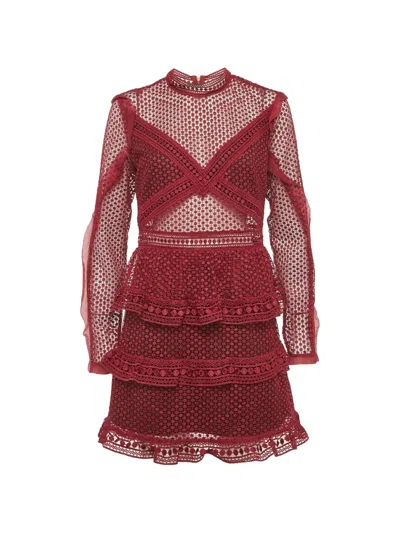 Pre-owned Self-portrait Guipure Lace Tiered Mini Dress In Red