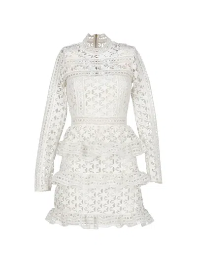Pre-owned Self-portrait Guipure Lace Tiered Mini Dress In White