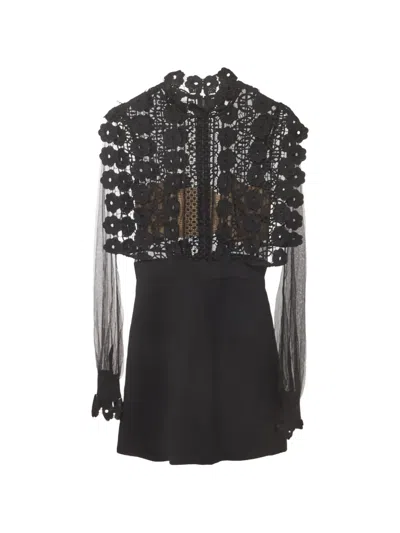 Pre-owned Self-portrait Guipure Lace Tulle Mini Dress In Black