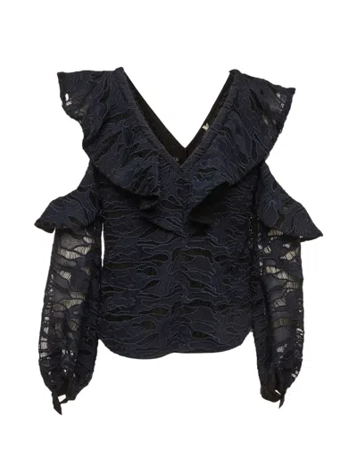 Pre-owned Self-portrait Guipure-lace Ruffled Blouse In Blue
