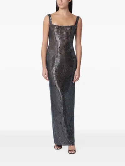 Self-portrait Gunmetal Square-neck Rhinestone Maxi Dress In Black