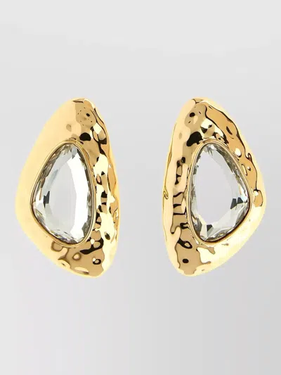 Self-portrait Hammered Metal Crystal Detail Drop Earrings In Gold