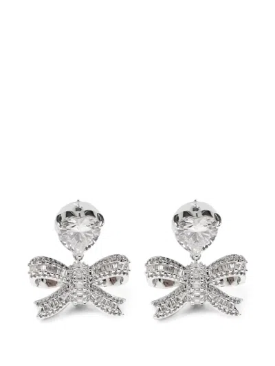 Self-portrait Heart Crystal-embellished Bow Drop Earrings In Silver