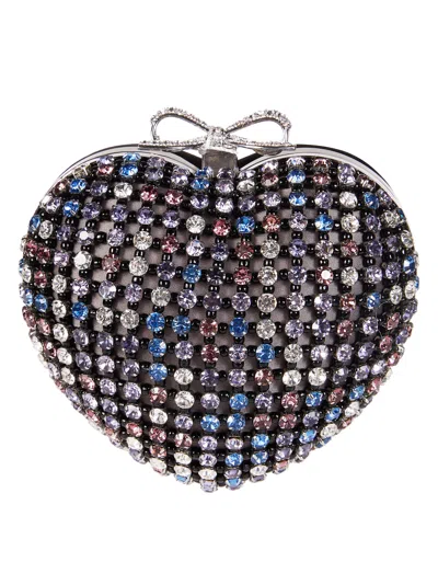 Self-portrait Heart Shaped Crystals Bow Clasp Mini Clutch In Black