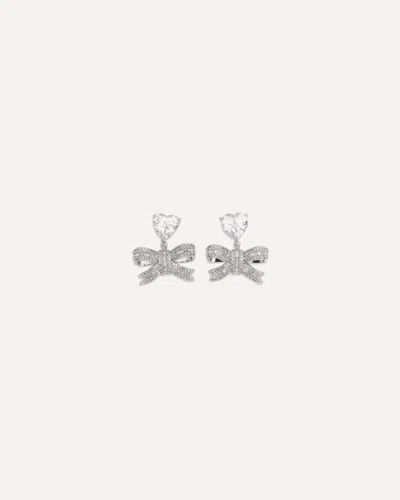 Self-portrait Heart-shaped Crystal Bow Drop Earrings In Silver