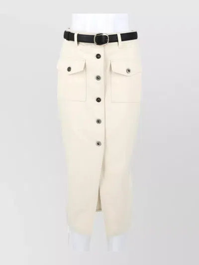 Self-portrait High Waist Midi Denim Skirt Belts Pockets In Neutral