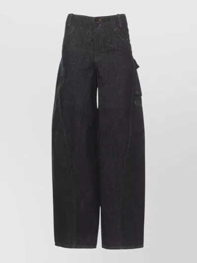 Self-portrait High Waist Wide Leg Cargo Denim Trousers In White
