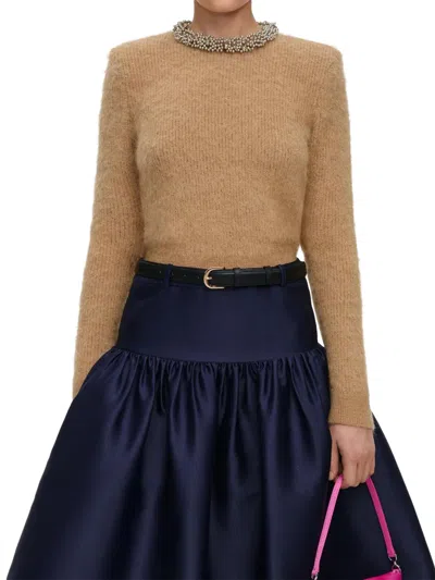 Self-portrait High-neck Beaded Trim Knit Sweater In Brown