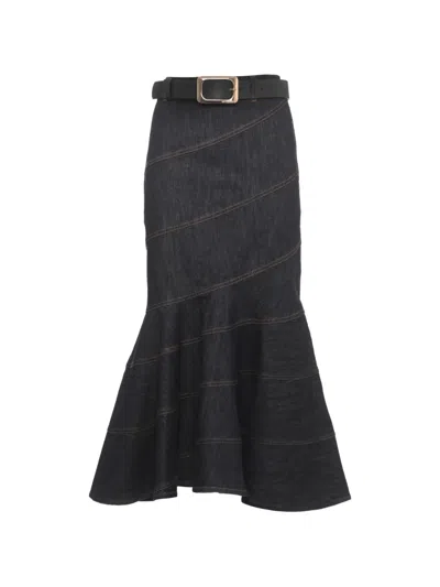 Self-portrait Indigo Denim Midi Skirt With Removable Belt And Mermaid Hem In Blue