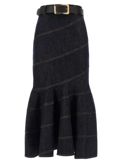 Self-portrait Indigo Denim Midi Skirt With Removable Belt And Mermaid Hem In Blue