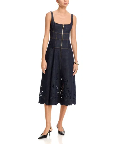 Self-portrait Indigo Denim Bow Embroidered Midi Dress In Blue