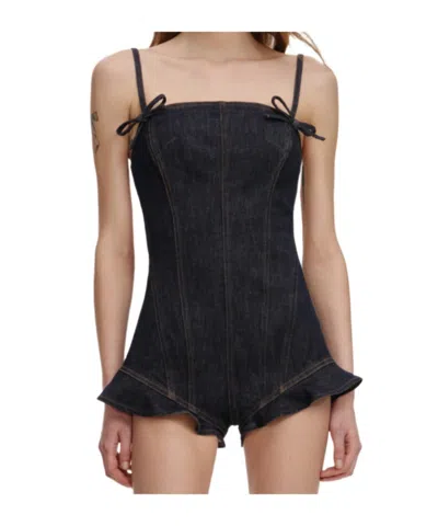 Self-portrait Indigo Denim Bow Playsuit In Black