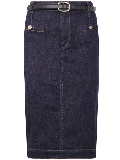 Self-portrait Belted Waist Denim Midi Skirt In Blue