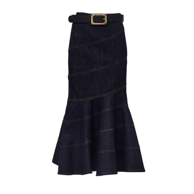Self-portrait Indigo Denim Midi Skirt With Removable Belt And Mermaid Hem In Blue