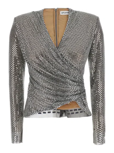 Self-portrait Inspired Draped Jewel-embellished V-neck Top With Long Sleeves In Gray