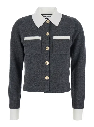 Self-portrait Inspired Wool-blend Cropped Cardigan With Contrasting Classic Collar In Gray