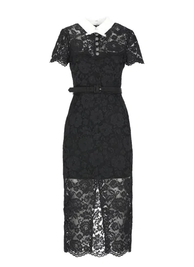 Self-portrait Intricate Floral Lace Midi Dress With Bow Collar And Jewel Buttons In Black