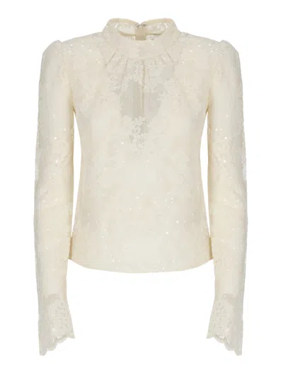 Self-portrait Intricate Floral Lace Sweater With Sequins And Rear Zip In Neutral
