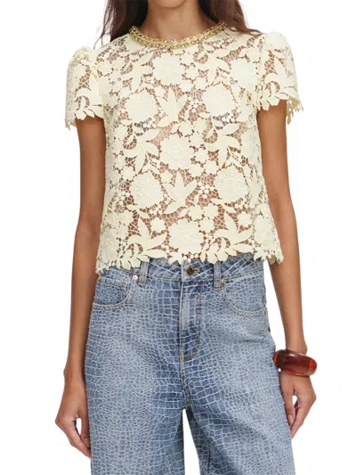 Self-portrait Intricate Floral Lace Top With Gold Embellishments In Neutral