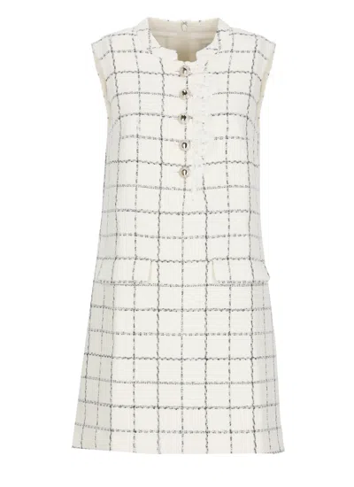 Self-portrait Ivory Check Boucle Mini Dress With Lace Trim And Sequined Detail In White
