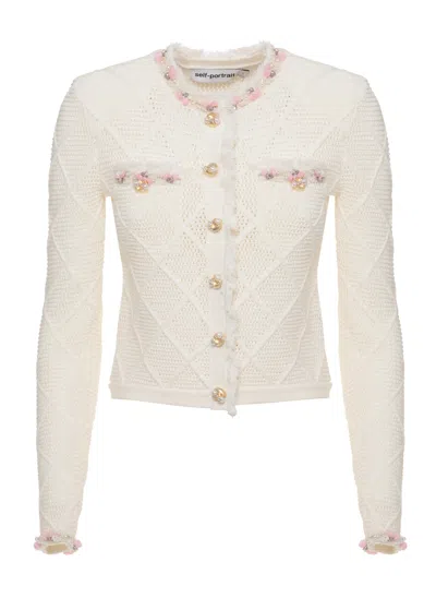 Self-portrait Ivory Crochet Jewel Embellished Cardigan In White