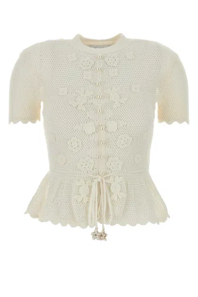 Self-portrait Crochet Knit Top Floral Buttons Peplum In White